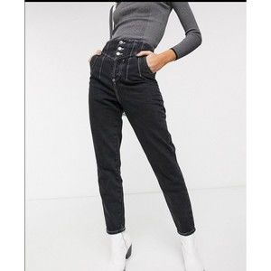 Mint Topshop Corset Detail Button Fly Washed Black Rigid Denim Mom Jeans 26x30
